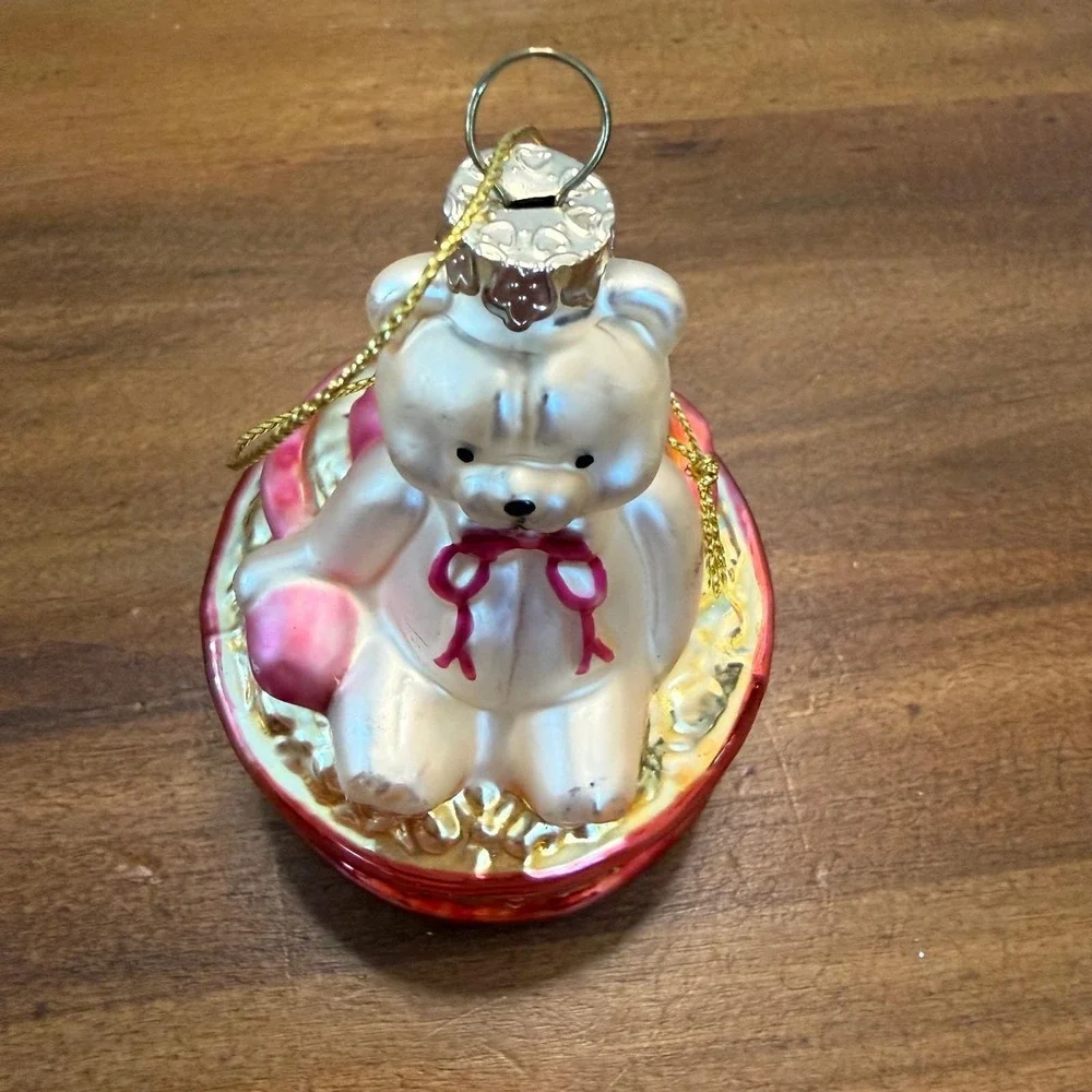 Glass Teddy Bear Ornament Sitting in Basket Pink Bow Christmas Holiday Decor